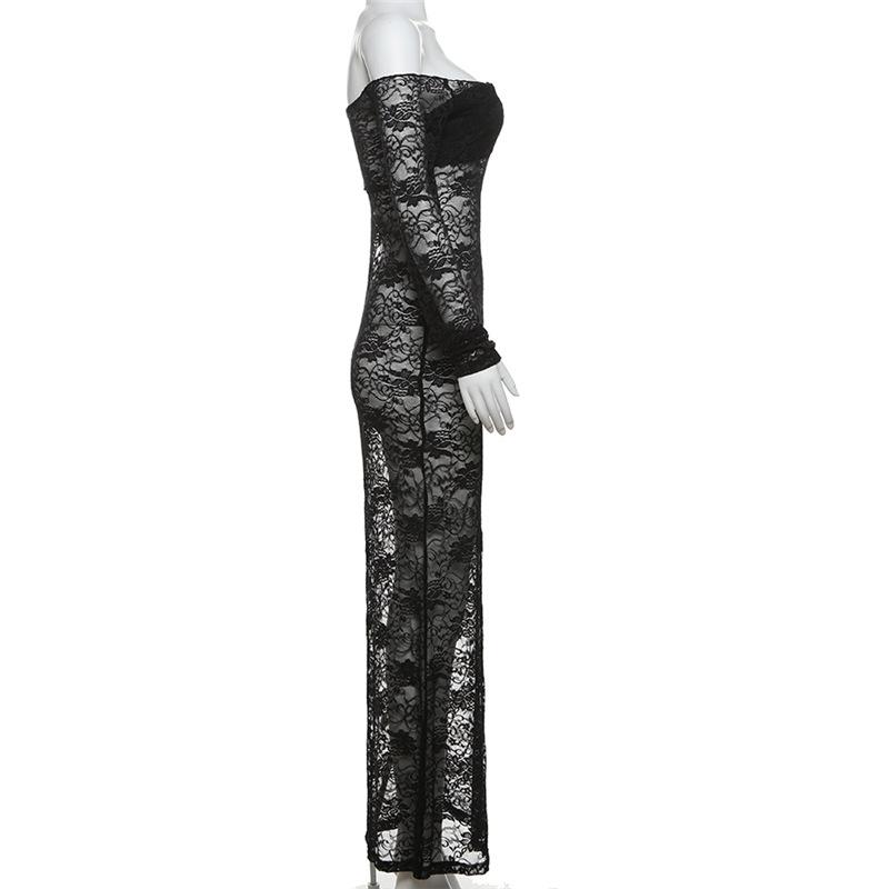 Long sleeve lace off shoulder see through solid maxi dress