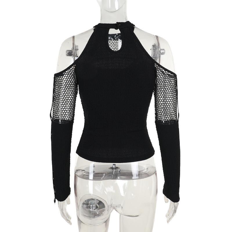 Off shoulder long sleeve fishnet patchwork buckle top