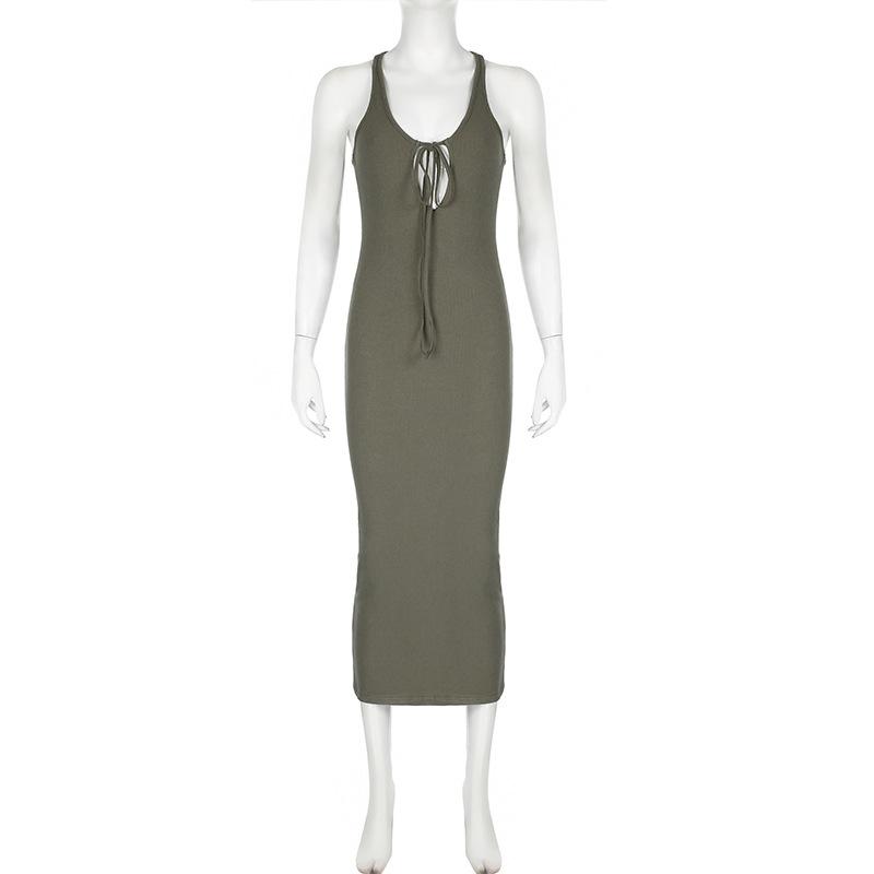 U neck self tie hollow out solid maxi dress