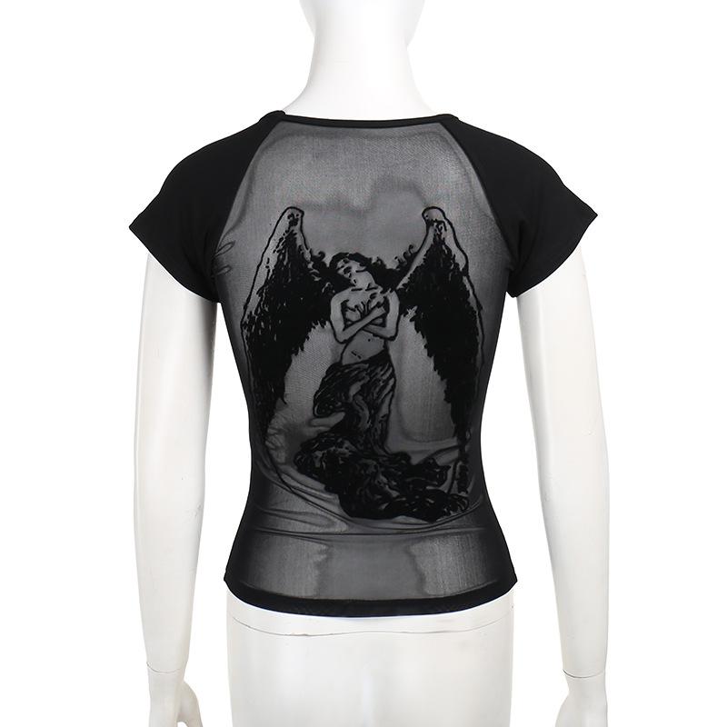 Short sleeve round neck print mesh top