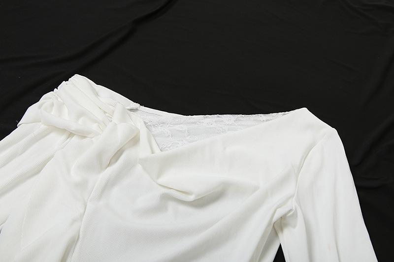 One shoulder long sleeve ruched ruffle lace hem top