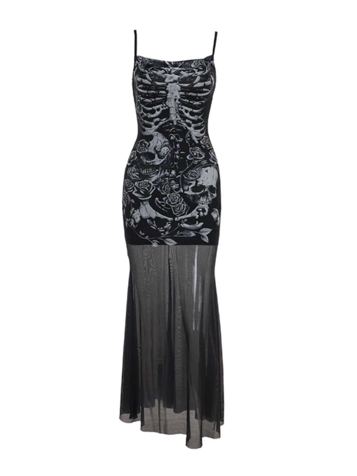 Human skeleton print mesh cami maxi dress