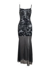 Human skeleton print mesh cami maxi dress