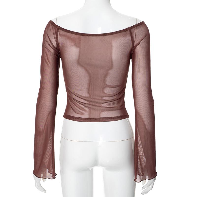 Long sleeve ruffle sheer mesh print top