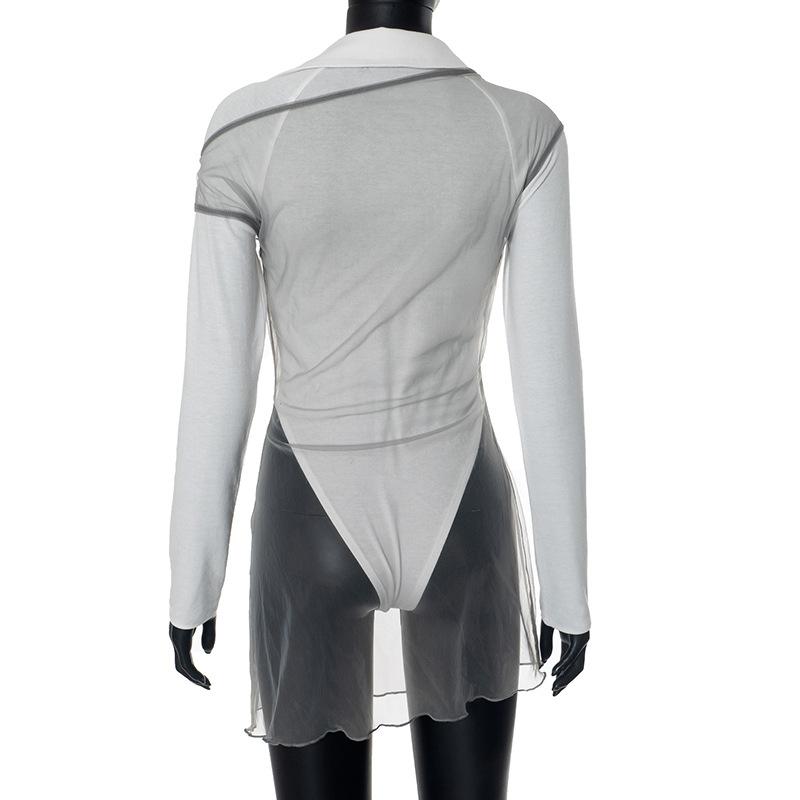 Turnover collar long sleeve mesh 2 piece top