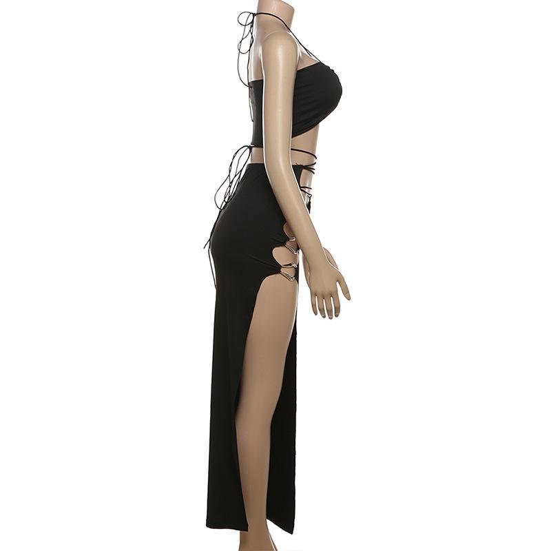Halter cross front self tie o ring high slit maxi dress  | black rave dress