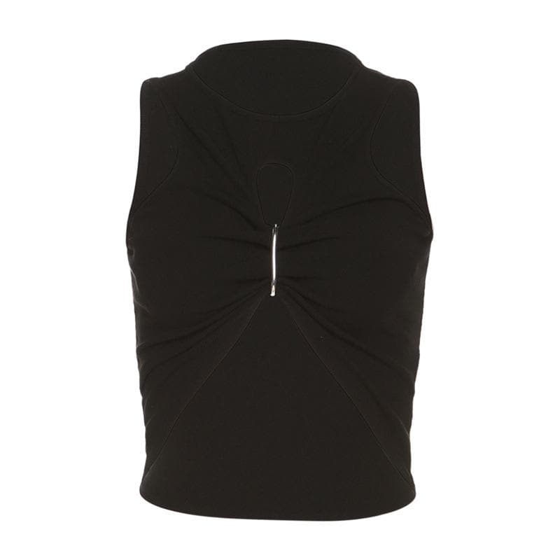Hollow out sleeveless crewneck ruched solid crop cut out top