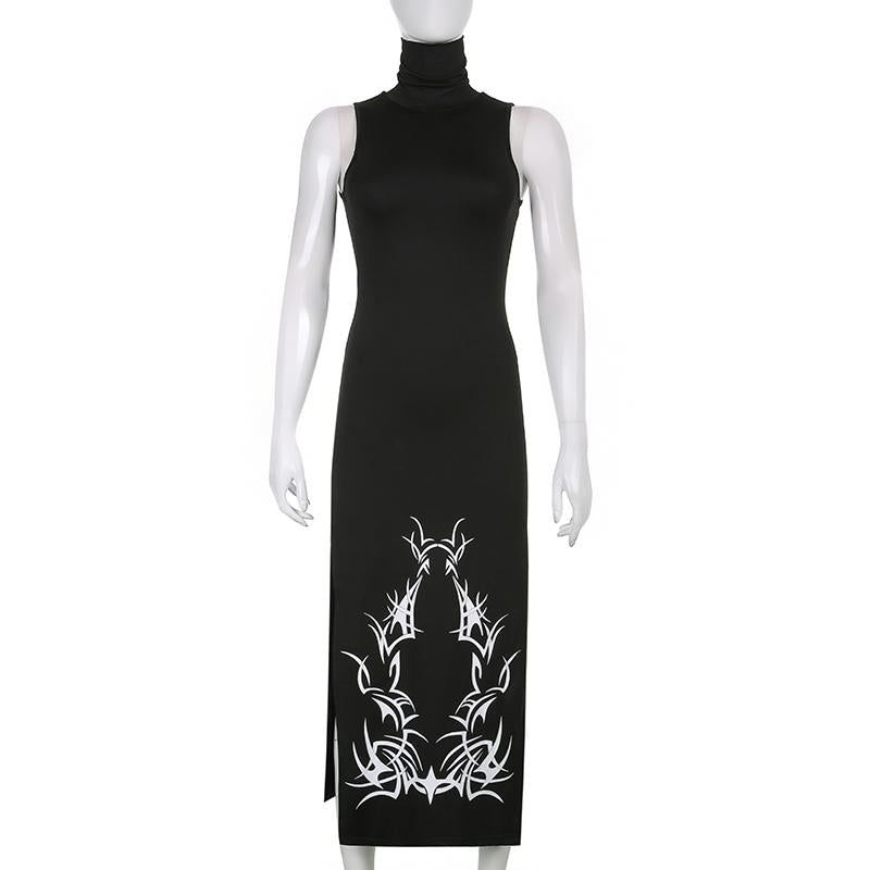 High neck slit print maxi dress