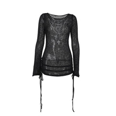 Long sleeve drawstring cross pattern knitted top
