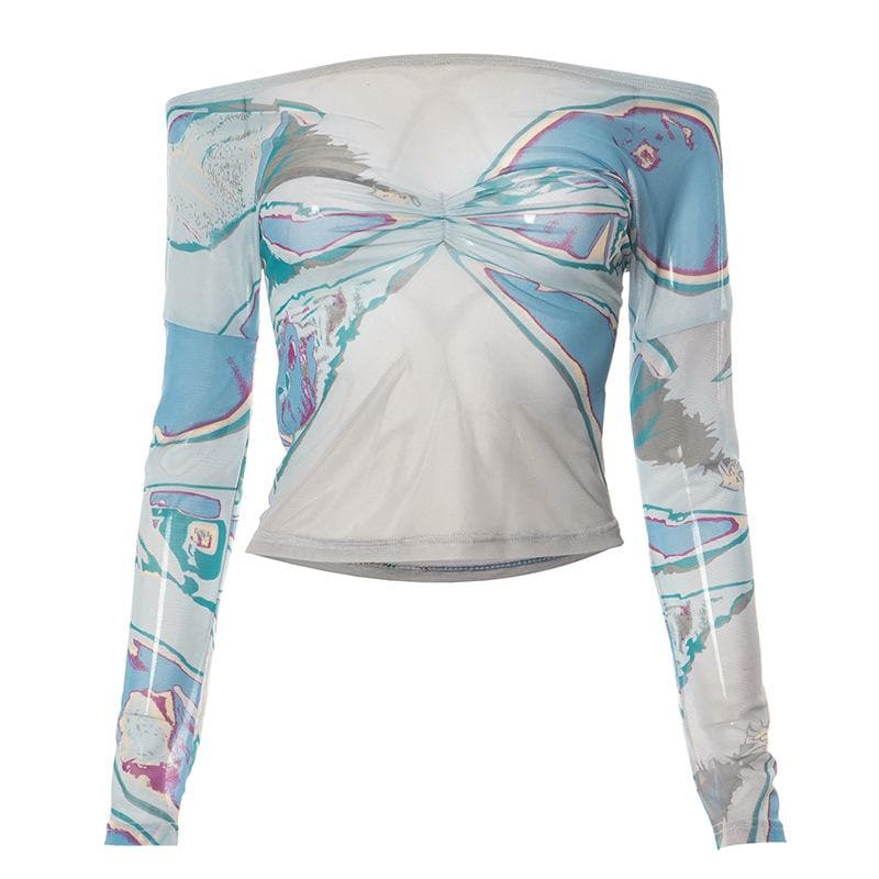 Long sleeve off shoulder sheer mesh ruched contrast top