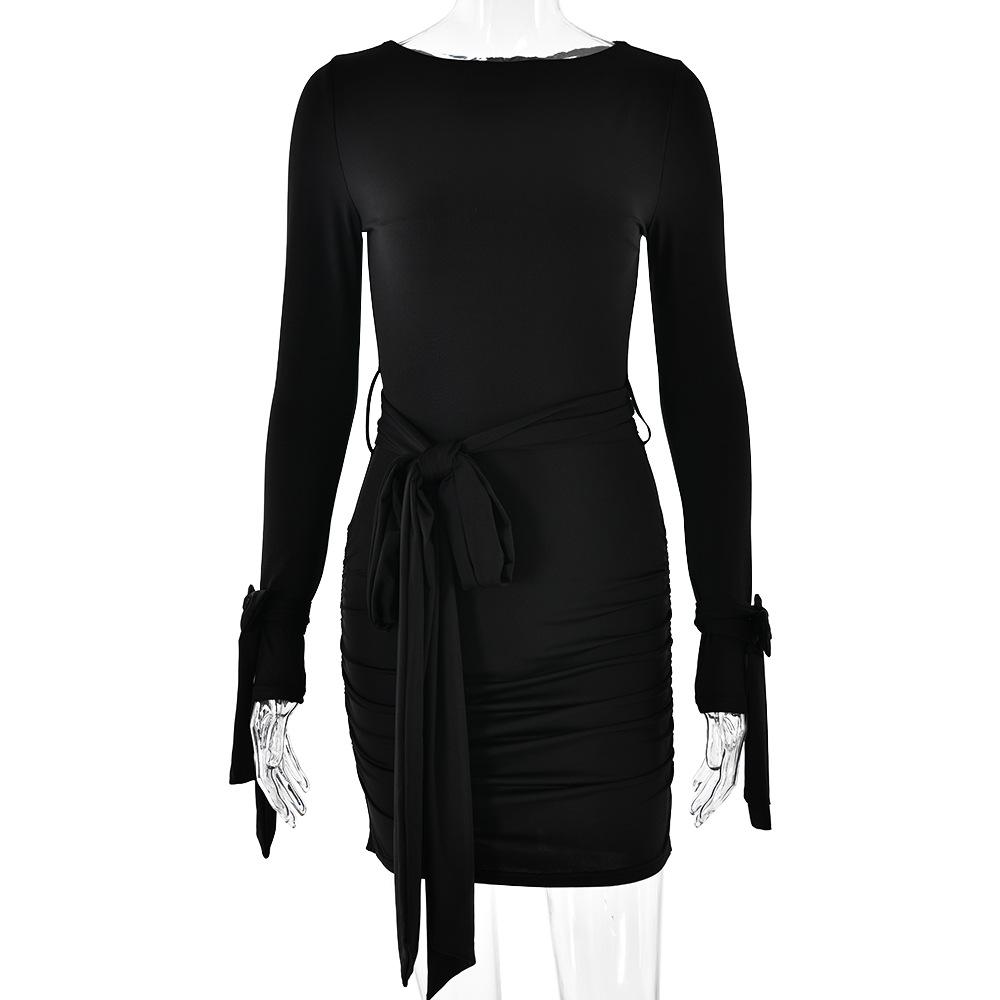 Long sleeve bowknot ruched knotted mini dress