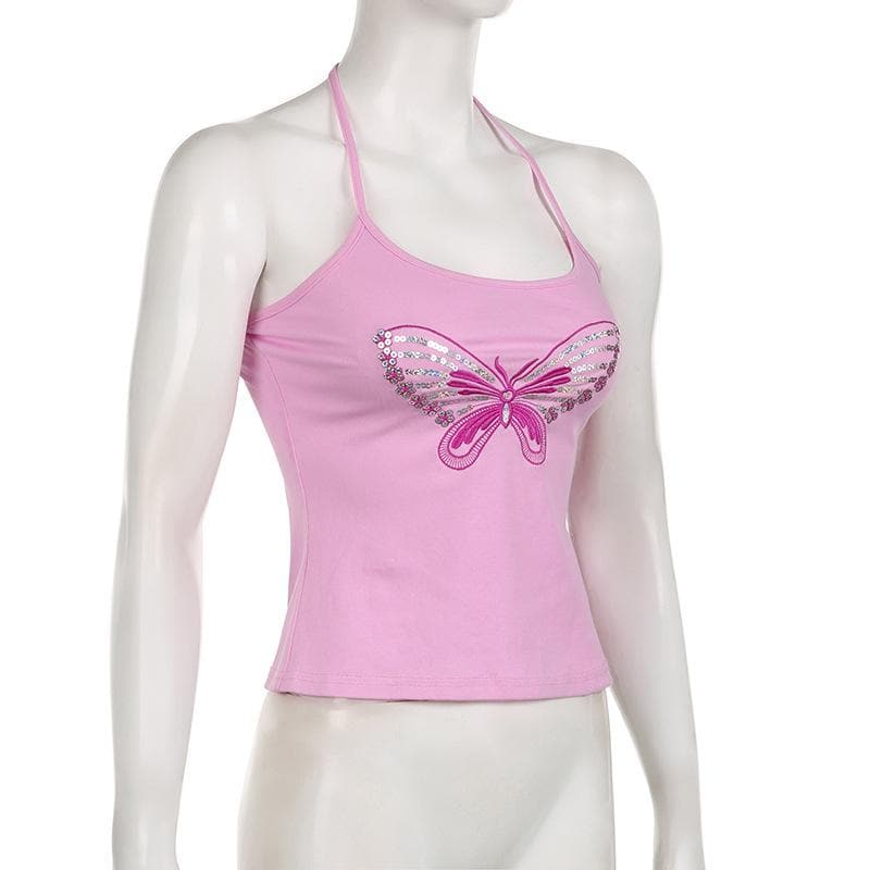 Halter backless glitter embroidery butterfly pattern top