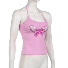 Halter backless glitter embroidery butterfly pattern top