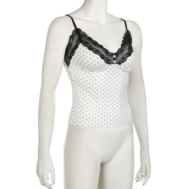 V neck lace hem polka dot button cami top