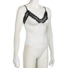 V neck lace hem polka dot button cami top