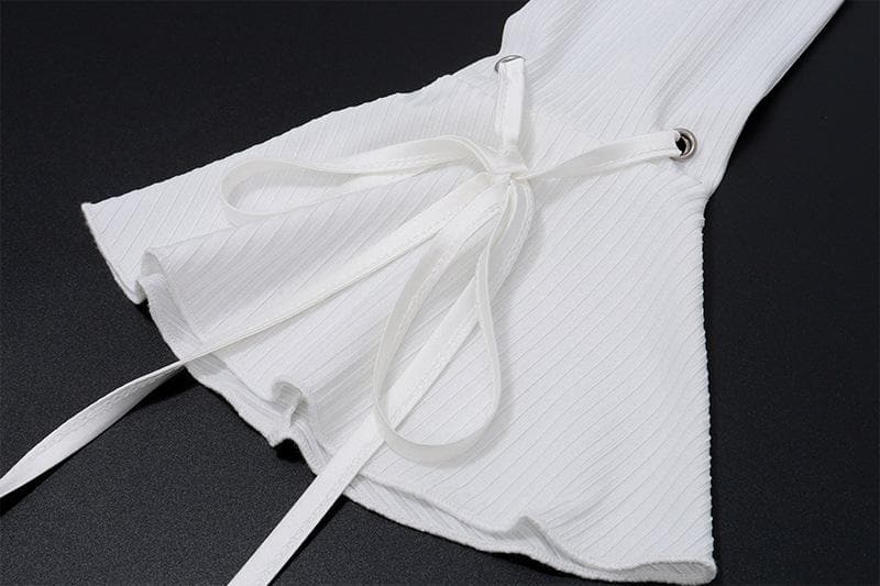 Long flared sleeve self tie stitch ribbed solid crop top