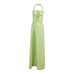 Halter hollow out high slit ruched maxi dress