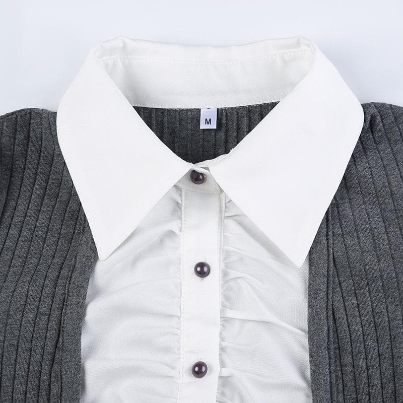 Turnover collar long sleeve button ruched contrast patchwork top