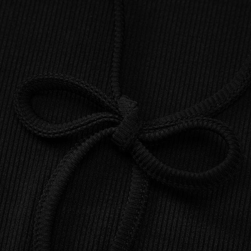 Cross front self tie halter solid long sleeve notch neck mini dress  | black rave dress  | black rave dress