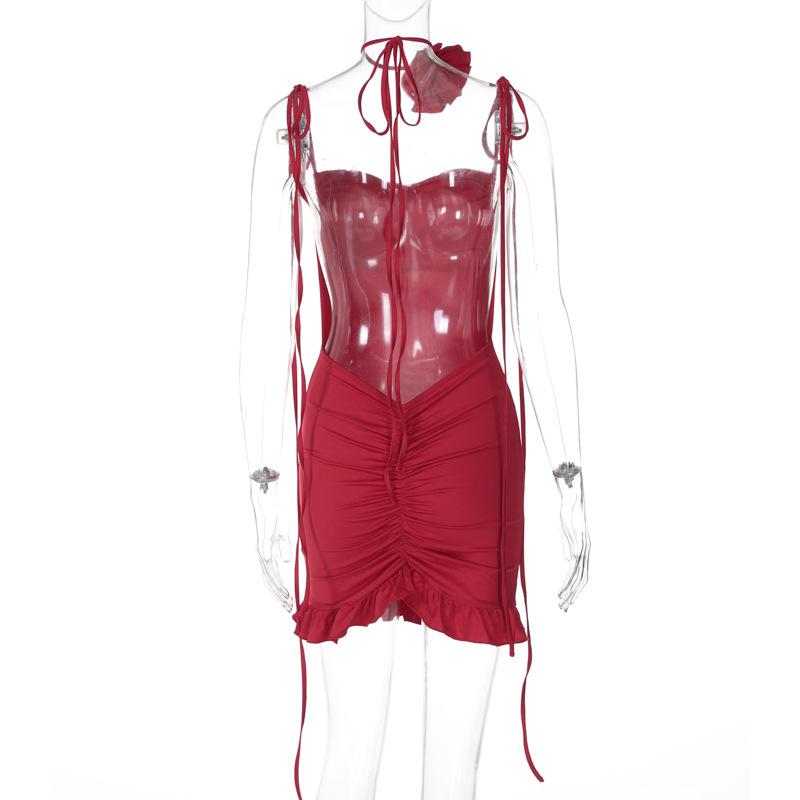Rose applique ruched ruffle knotted cami mini dress  | red tango dress
