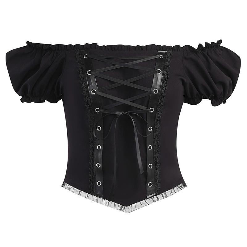 Short puff sleeve lace up self tie top
