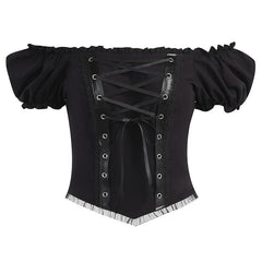 Short puff sleeve lace up self tie top