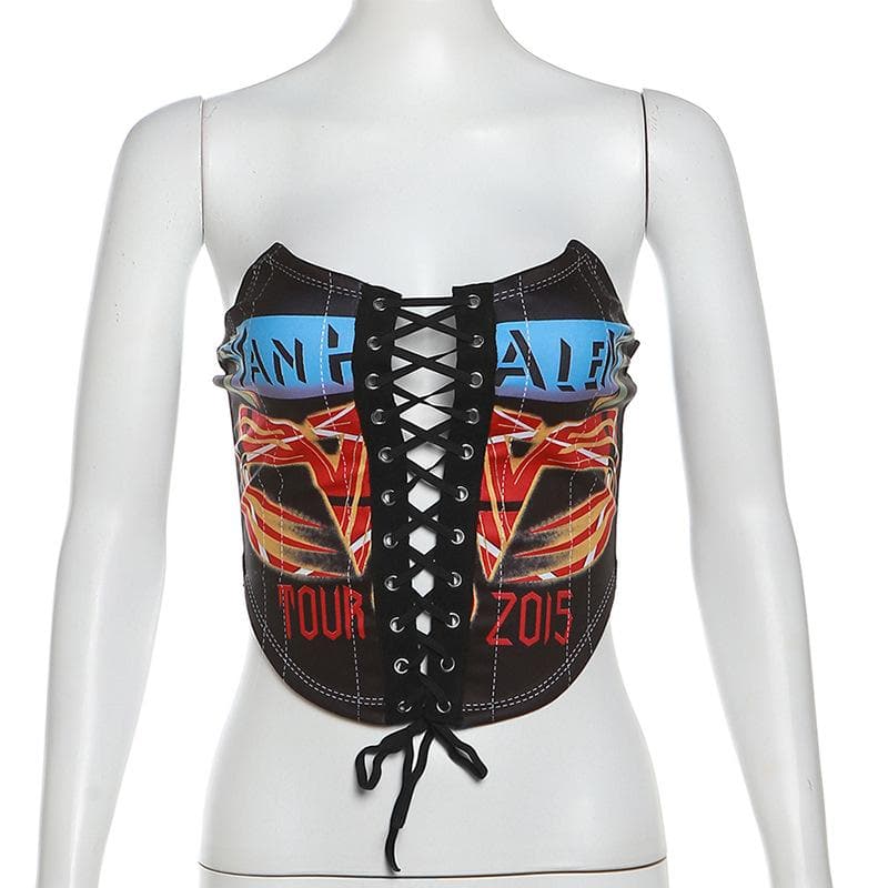 Lace up letter print backless stitch contrast tube top