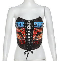 Lace up letter print backless stitch contrast tube top