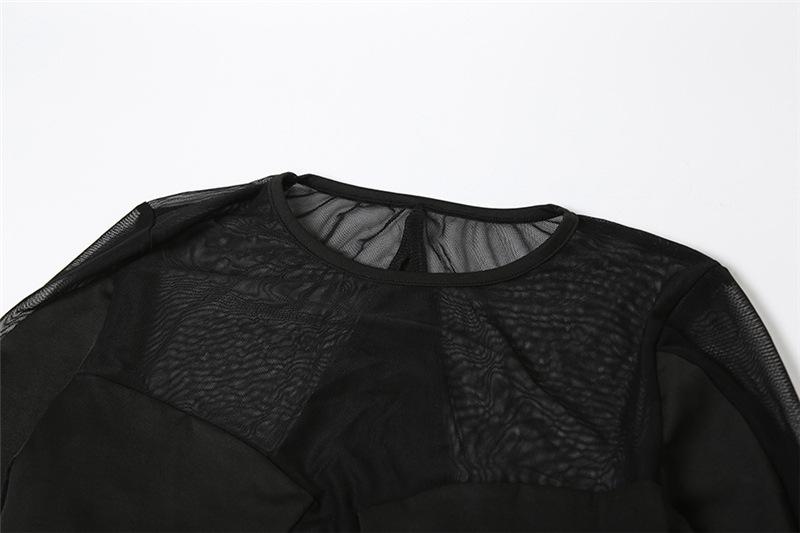 Long sleeve crewneck mesh patchwork maxi dress