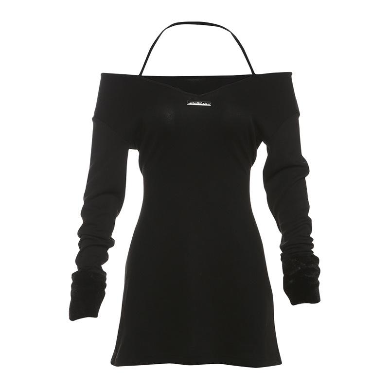 Halter long sleeve off shoulder fluffy mini dress