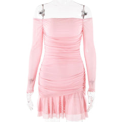 Long sleeve off shoulder ruched mesh mini dress