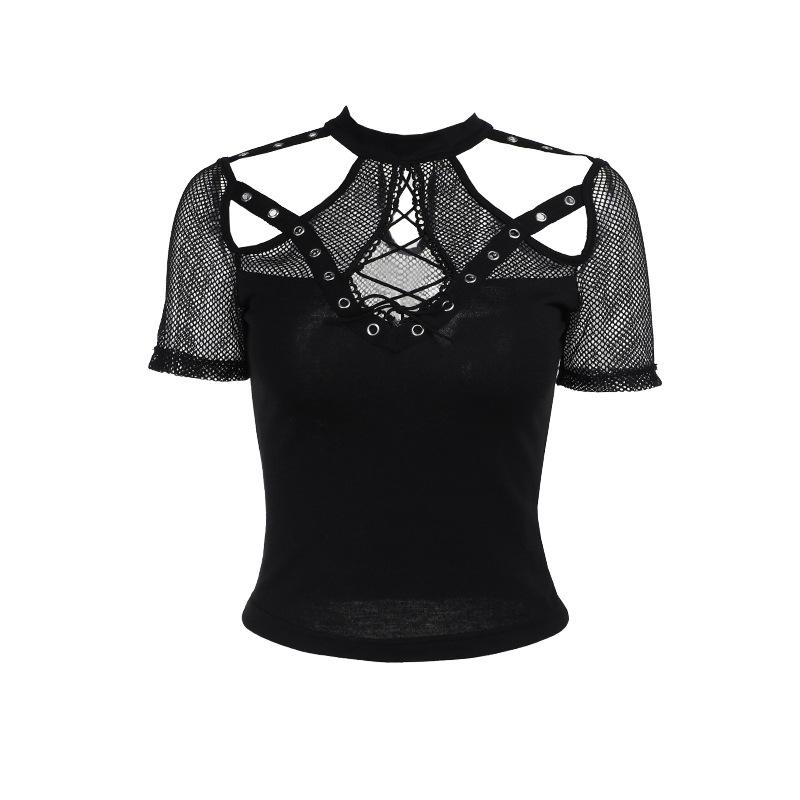 Short sleeve fishnet hollow out patchwork top