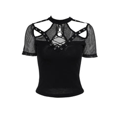 Short sleeve fishnet hollow out patchwork top