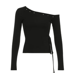 Long sleeve one shoulder slit self tie top