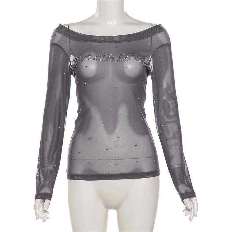 Off shoulder long sleeve beaded sheer mesh solid top