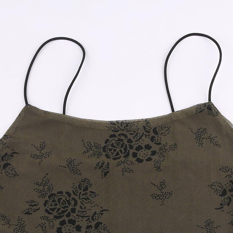 Flower print mesh zip-up cami maxi dress