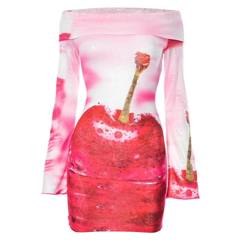 Cherry pattern contrast off shoulder long sleeve mini dress  | red tango dress