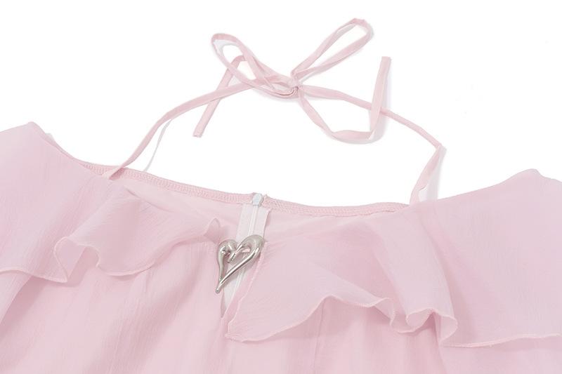 Halter off shoulder long sleeve ruffle metal applique mini dress