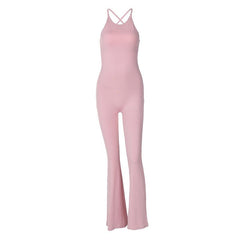 U neck cross back solid backless cami jumpsuit