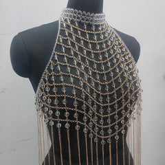 Halter hollow out metal chain backless top