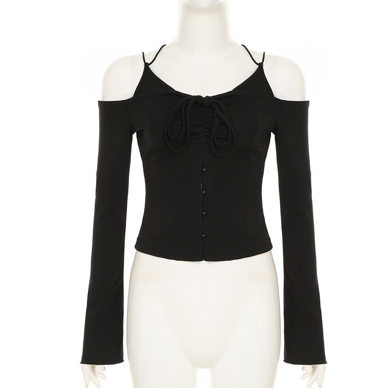 Off shoulder long sleeve self cross back button top