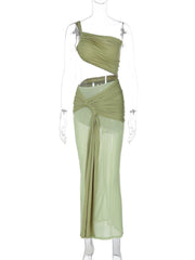 One shoulder ruched hollow out mesh maxi dress