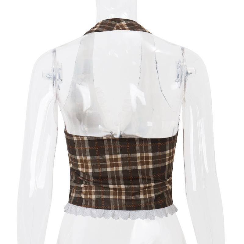 Halter v neck plaid ruffle button crop top