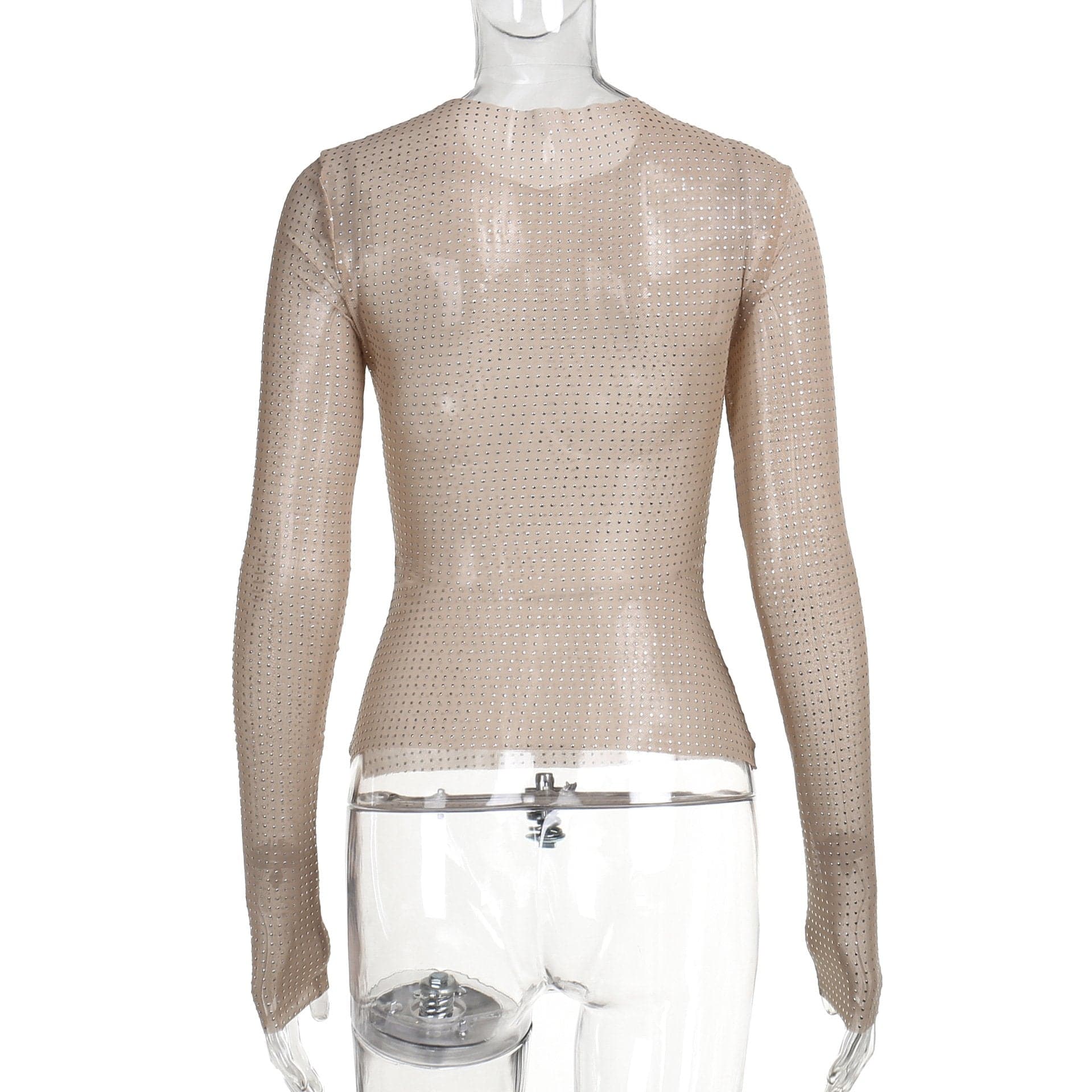 Long sleeve sheer mesh beaded crewneck top