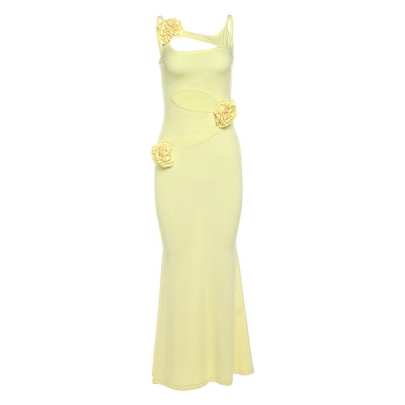 Hollow out rose applique solid cami maxi dress