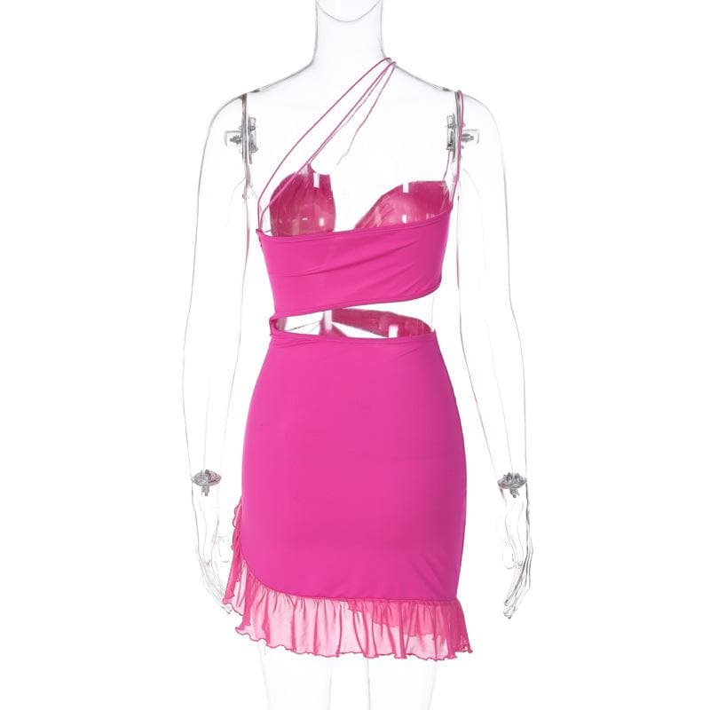 Irregular hollow out ruffle backless one shoulder spaghetti strap mini dress  | red tango dress