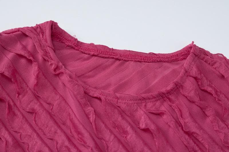 Textured long sleeve crewneck ruffle solid maxi dress  | red tango dress