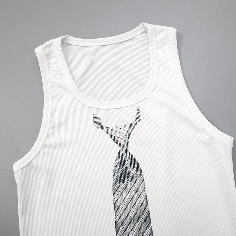 U neck necktie print ribbed contrast sleeveless top