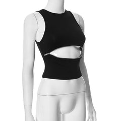 Crewneck zip-up hollow out solid tank top