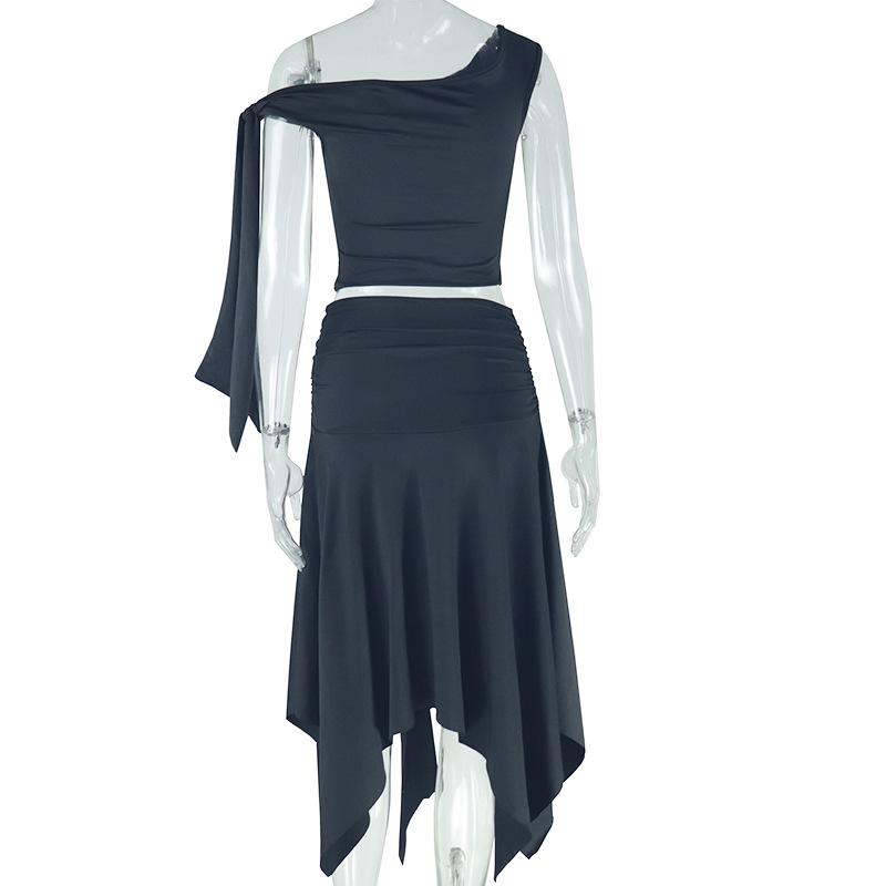 One shoulder knitted ruched slit midi skirt set